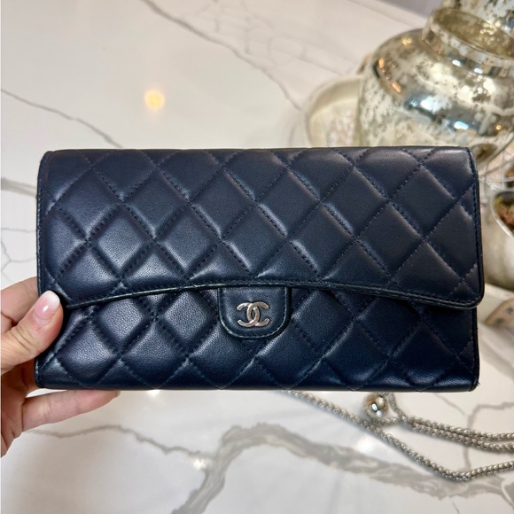 CHANEL Handbags - CHANEL Navy Blue Quilted Lambskin Classic Flap Wallet Silver CC
